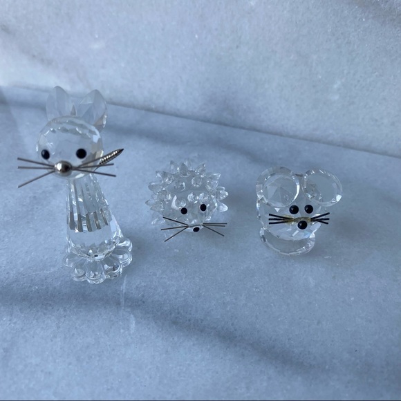 Swarovski Retired Set of 3: Cat, Mouse & Hedgehog on Matching Mirror Base - Picture 8 of 10